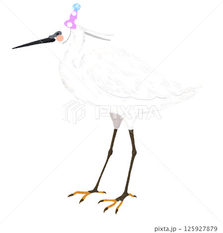 パーティーの帽子を被った手描きの可愛いコサギのイラスト 125927879