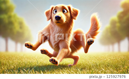驚いた表情で芝生を駆けるアニメ風の犬 驚いた表情で芝生を駆けるアニメ風の犬 125927976