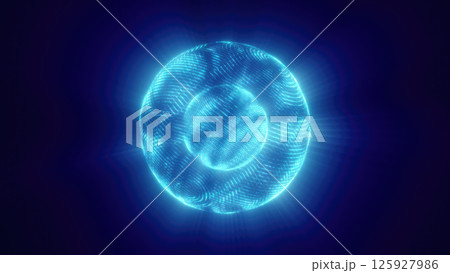 Futuristic glowing blue sphere composed of digital lines and dots on a dark background, representing technology, data, and innovation 125927986