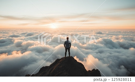 崖の上から雲海を眺めている人 125928011