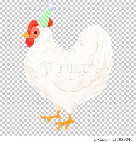 Hand drawn illustration of a cute chicken wearing a party hat 125928046