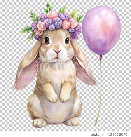 cute rabbit breeds wearing flower crowns and holding giant heart-shaped balloons 125928071