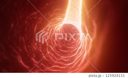 Intense red and orange glowing tunnel visual with radiant energy lines, resembling a plasma or bio-energy conduit Intense red and orange glowing tunnel visual with radiant energy lines, resembling a plasma or bio-energy conduit 125928131