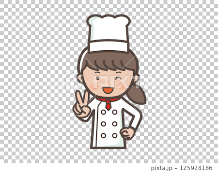 笑顔でピースをする若い女性コックさんの上半身イラスト 125928186