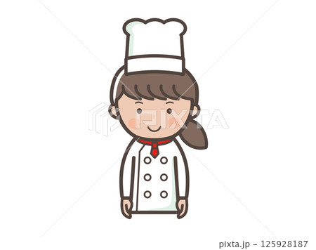 笑顔で正面を向く若い女性コックさんの上半身イラスト 125928187
