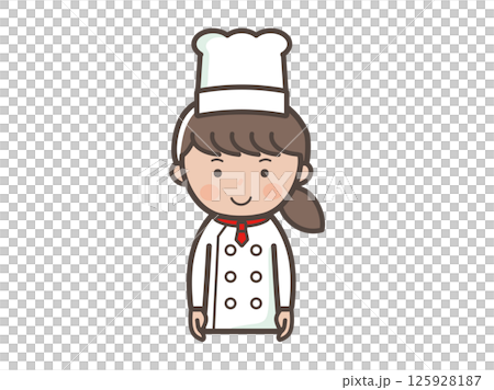 笑顔で正面を向く若い女性コックさんの上半身イラスト 125928187