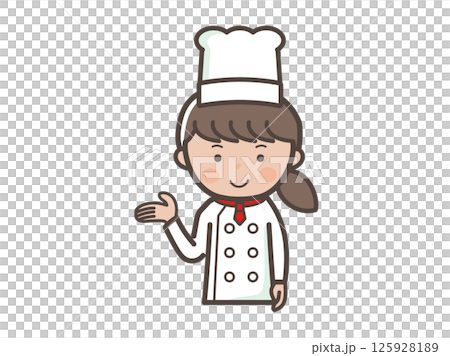 説明や案内をするイメージの若い女性コックさんの上半身イラスト 説明や案内をするイメージの若い女性コックさんの上半身イラスト 125928189