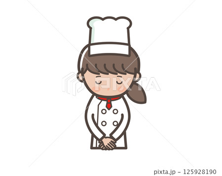 頭を下げて謝る若い女性コックさんの上半身イラスト 125928190