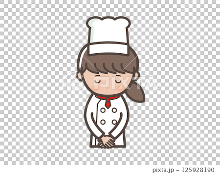 頭を下げて謝る若い女性コックさんの上半身イラスト 125928190