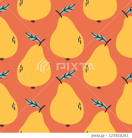 Yellow pear summer pattern on red background. Simple seamless pattern with pears. Vector design for greeting card and invitation of seasonal summer holiday 125928261