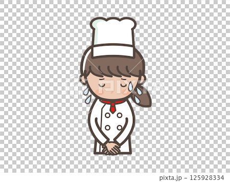 Illustration of the upper body of a young female chef apologizing with a cold sweat Illustration of the upper body of a young female chef apologizing with a cold sweat 125928334