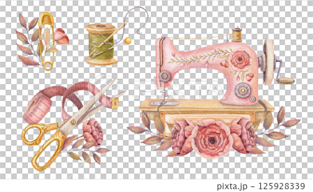 Set of sewing tool and needlework composition in watercolor. Hand drawn vintage arrangement with machine and scissors. Fashion industry and craft hobby kit. Perfect for atelier or dressmaking design. Set of sewing tool and needlework composition in watercolor. Hand drawn vintage arrangement with machine and scissors. Fashion industry and craft hobby kit. Perfect for atelier or dressmaking design. 125928339