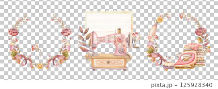Watercolor sewing machine and tools in round and rectangular wreath set. Hand drawn vintage floral template with iron and mannequin. Perfect for tailor logo and romantic card and invitation design. Watercolor sewing machine and tools in round and rectangular wreath set. Hand drawn vintage floral template with iron and mannequin. Perfect for tailor logo and romantic card and invitation design. 125928340