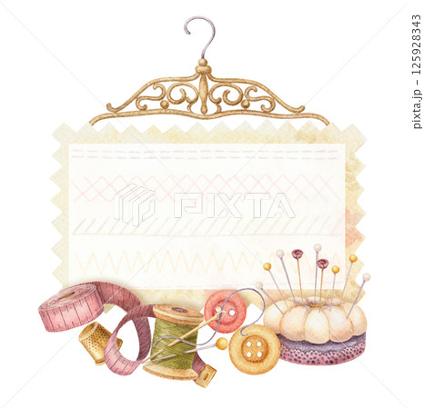 Watercolor sewing frame with rectangular fabric sample and tailor tools. Hand drawn vintage floral template with clothes hanger. Perfect for tailor logo and romantic card and invitation design. Watercolor sewing frame with rectangular fabric sample and tailor tools. Hand drawn vintage floral template with clothes hanger. Perfect for tailor logo and romantic card and invitation design. 125928343
