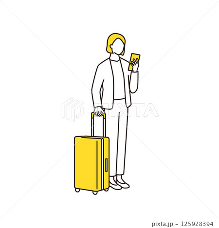 スーツケースを持ってスマホを見ているビジネスパーソン スーツケースを持ってスマホを見ているビジネスパーソン 125928394
