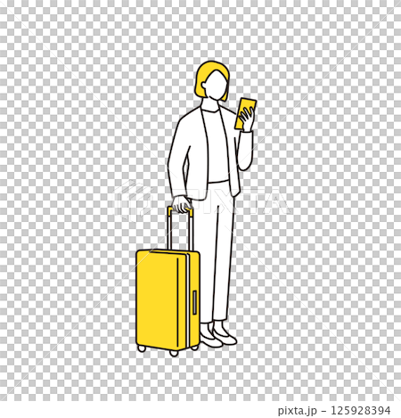 スーツケースを持ってスマホを見ているビジネスパーソン スーツケースを持ってスマホを見ているビジネスパーソン 125928394