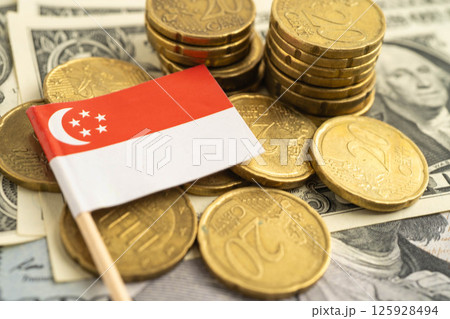 Singapore flag on coin and banknote money, finance trading investment business currency. Singapore flag on coin and banknote money, finance trading investment business currency. 125928494