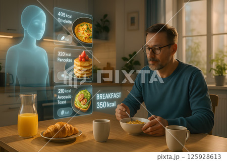 Man having breakfast while digital assistant displays calorie information for meal options using smart hologram interface in cozy kitchen interior 125928613