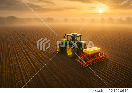 Autonomous tractor plowing vast agricultural field at sunrise with dust and golden morning light in rural farming landscape 125928619