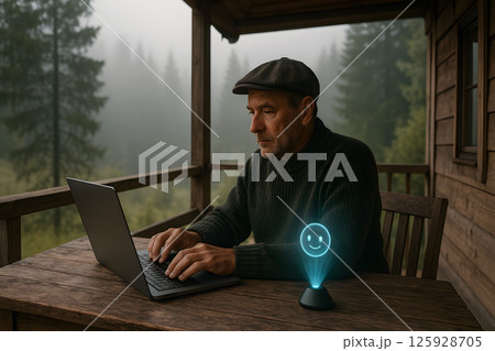 Man working remotely on laptop in rustic wooden cabin with foggy forest view and glowing AI assistant on table during calm morning in the mountains 125928705