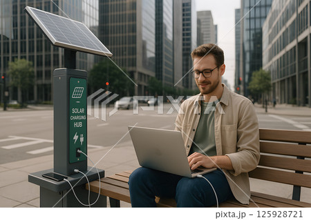 Man working on laptop at solar charging hub in modern city, using renewable energy to power devices while sitting on bench in urban environment with skyscrapers 125928721