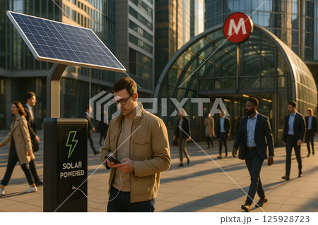 Man charging smartphone at solar station near metro entrance in busy city center during golden hour commute 125928723