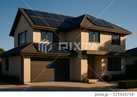 Modern two story house with solar panels on rooftop and garage in suburban residential area during late afternoon sunlight 125928739