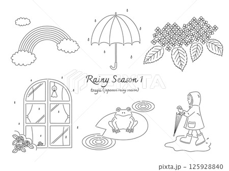 梅雨の季節の線画イラストセット（傘・虹・カエル・てるてる坊主など） 125928840