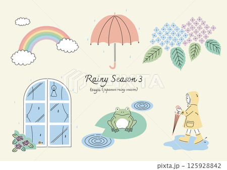 梅雨のフラットイラスト+線画素材セット 梅雨のフラットイラスト+線画素材セット 125928842