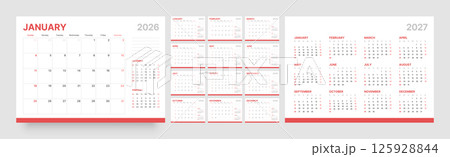 Monthly calendar layout for 2026. Planner diary. 125928844