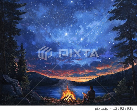 Starry Night Sky Above a Calm Lake with Reflective Waters 125928939