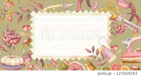 Sewing tools watercolor banner with fabric sample and copy space. Hand drawn vintage floral template with iron and pincushion. Perfect for tailor shop or atelier advertising background and web design. Sewing tools watercolor banner with fabric sample and copy space. Hand drawn vintage floral template with iron and pincushion. Perfect for tailor shop or atelier advertising background and web design. 125929281