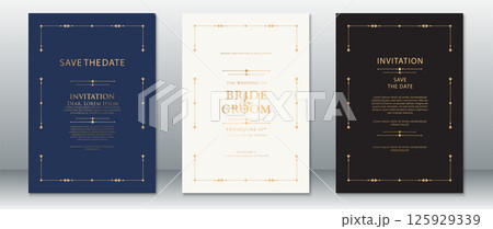 Elegant Wedding Invitation Set with Gold Ornaments on Blue, White, and Black Backgrounds 125929339