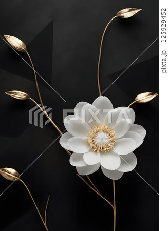 Minimalist 3D illustration of white paper flowers with golden stems and leaves, arranged in an elegant circular frame on a soft light background. Perfect for decor or luxury design. Minimalist 3D illustration of white paper flowers with golden stems and leaves, arranged in an elegant circular frame on a soft light background. Perfect for decor or luxury design. 125929452