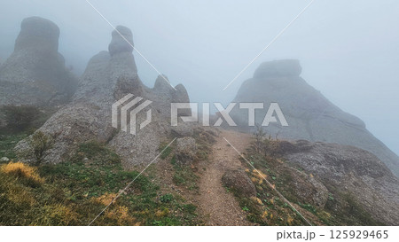 path through the mountains in the fog 125929465