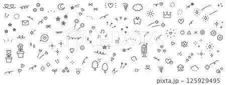 手書きの飾りイラストのベクターイラストセット。手描き、集中線、矢印、花、落書き、ハート、星 手書きの飾りイラストのベクターイラストセット。手描き、集中線、矢印、花、落書き、ハート、星 125929495