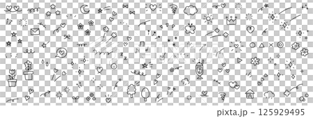 手書きの飾りイラストのベクターイラストセット。手描き、集中線、矢印、花、落書き、ハート、星 手書きの飾りイラストのベクターイラストセット。手描き、集中線、矢印、花、落書き、ハート、星 125929495