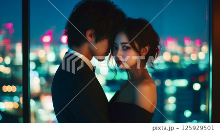 夜景を背に寄り添う男女 125929501