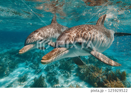 Dolphins Underwater. Two dolphins swim gracefully in crystal-clear 125929522