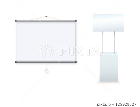 Advertising promotional stands. Realistic modern simple rack or counters multiple promotional desk with sign top clean empty promo tables with signboard white mockup. Vector Advertising promotional stands. Realistic modern simple rack or counters multiple promotional desk with sign top clean empty promo tables with signboard white mockup. Vector 125929527
