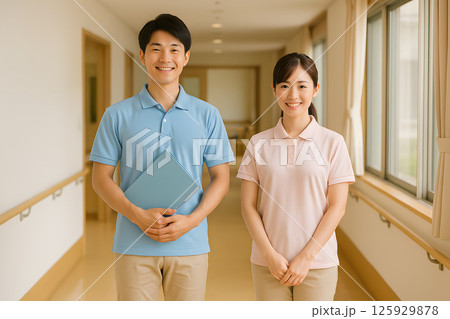 並んで立つ若い男女の日本人介護士 125929878