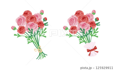 赤とピンクのラナンキュラスのブーケのイラスト。紐で括られた花束とリボンでラッピングされた花束のセット 赤とピンクのラナンキュラスのブーケのイラスト。紐で括られた花束とリボンでラッピングされた花束のセット 125929911