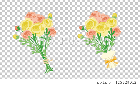 黄色のラナンキュラスのブーケのイラスト。紐で括られた花束とリボンでラッピングされた花束のセット 125929912
