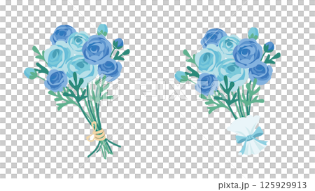 青いラナンキュラスのブーケのイラスト。紐で括られた花束とリボンでラッピングされた花束のセット 125929913