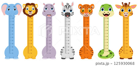 Kids height chart with cute animal cartoon, elephant, lion, hippo, zebra, tiger, snake, and giraffe 125930068