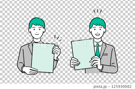 Simple upper body vector illustration set of a man in a business suit holding a binder and explaining 125930082