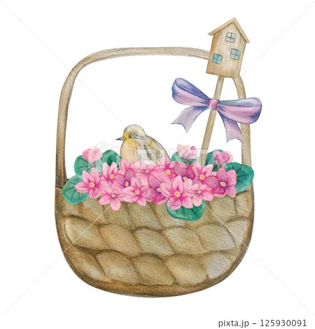 basket with flowers watercolor 125930091