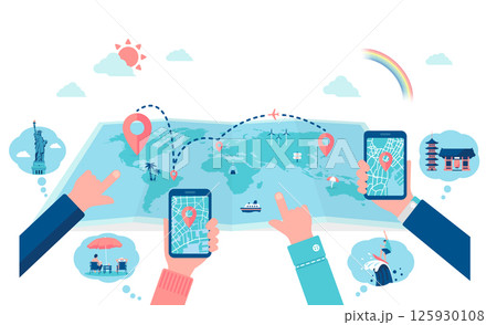 海外旅行・トラベルをモチーフとしたカラーイラスト (世界地図と旅行客) 125930108