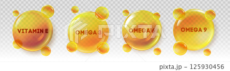 Realistic golden vitamin E, omega 3 foods, omega 6, and omega 9 oil capsules with transparent background. Shiny nutrient bubbles representing essential omega 3 fatty acids and health supplements. Realistic golden vitamin E, omega 3 foods, omega 6, and omega 9 oil capsules with transparent background. Shiny nutrient bubbles representing essential omega 3 fatty acids and health supplements. 125930456