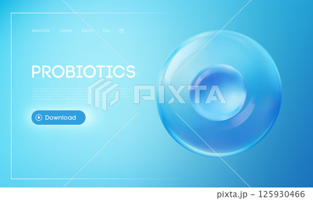 Probiotics 3d website landing page with blue gradient background, transparent liquid bubble, and glowing download button. Health and wellness concept for gut health, nutrition, and supplement branding Probiotics 3d website landing page with blue gradient background, transparent liquid bubble, and glowing download button. Health and wellness concept for gut health, nutrition, and supplement branding 125930466